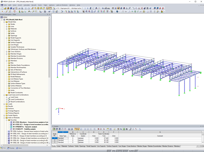 Modelo parcial do pavilhão norte no RFEM (© Isenmann Ingenieure)