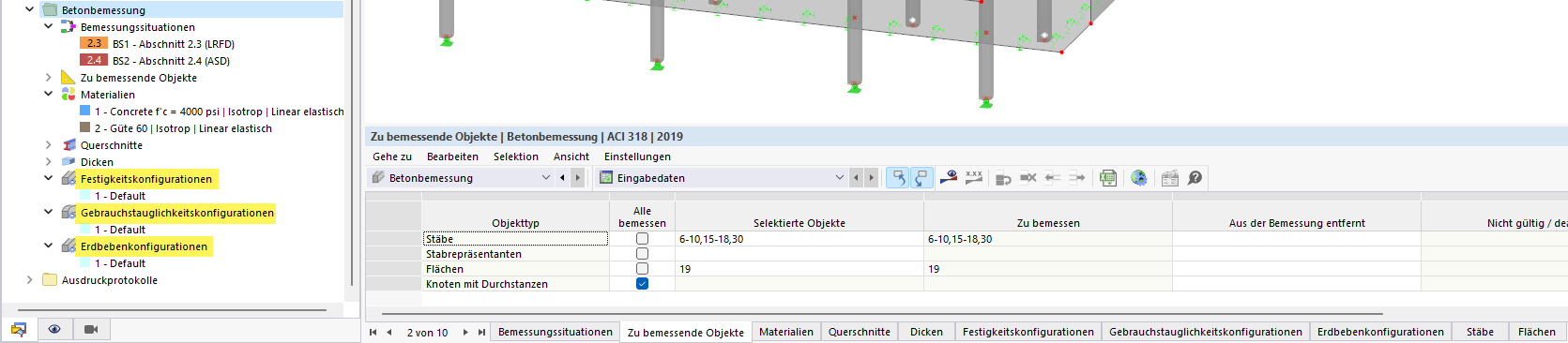 Configurações para o dimensionamento de betão segundo a ACI 318