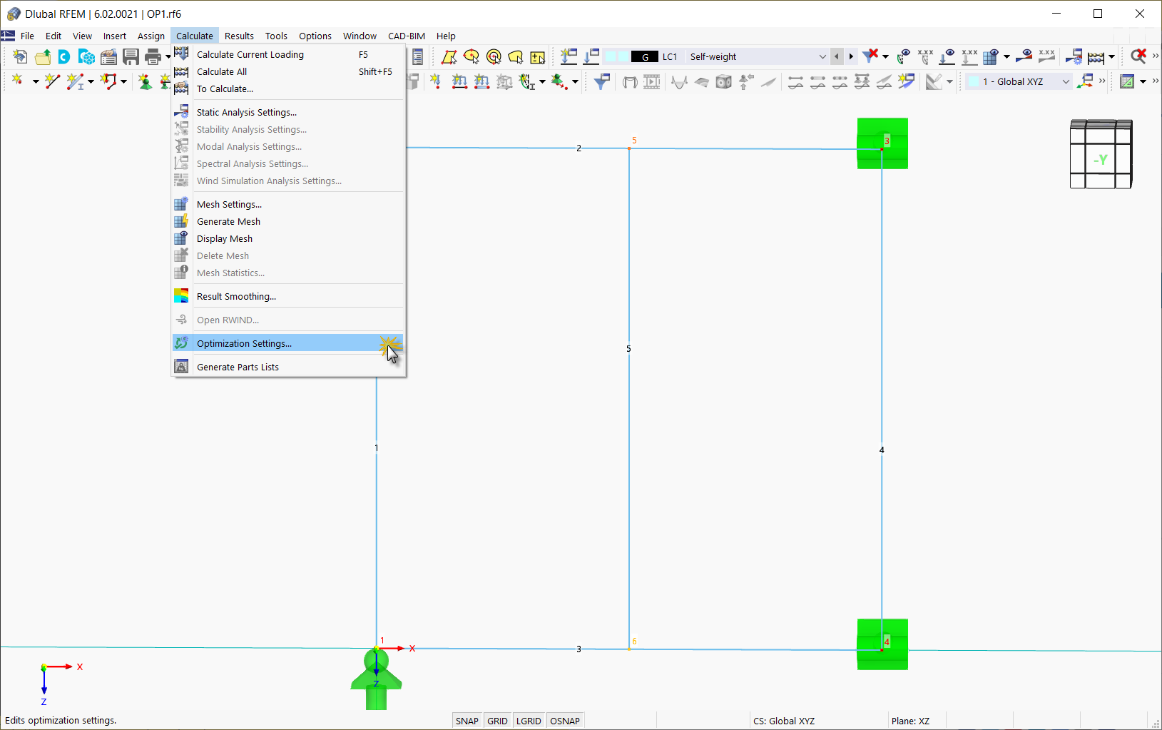 Configuração de otimização no menu 'Calcular'