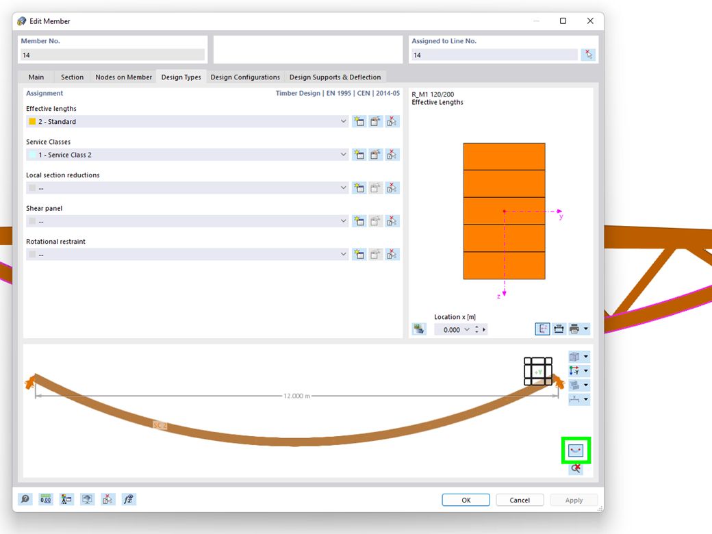 Representação da forma real da viga nas propriedades da barra