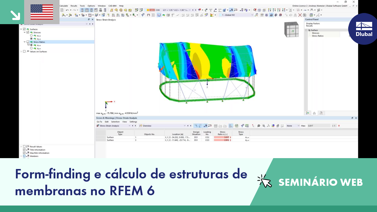 Captura de ecrã de um seminário web sobre a formação e o cálculo de estruturas de membrana em contextos de engenharia utilizando o RFEM 6.