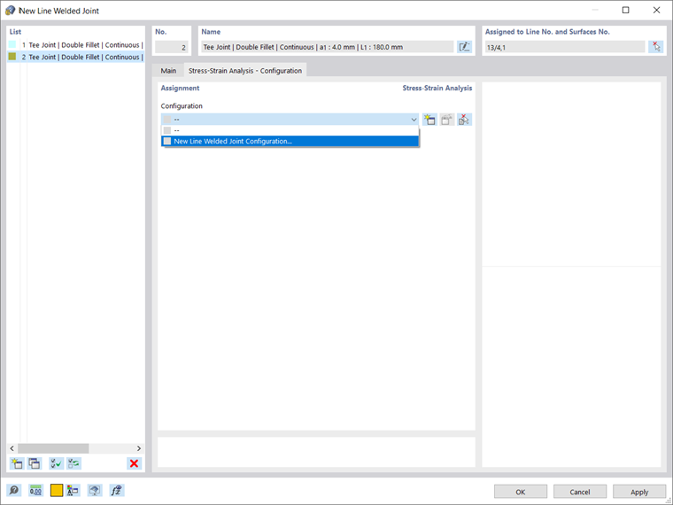 Configurações para análise tensão-deformação na caixa de diálogo "Nova ligação com soldadura de linha"