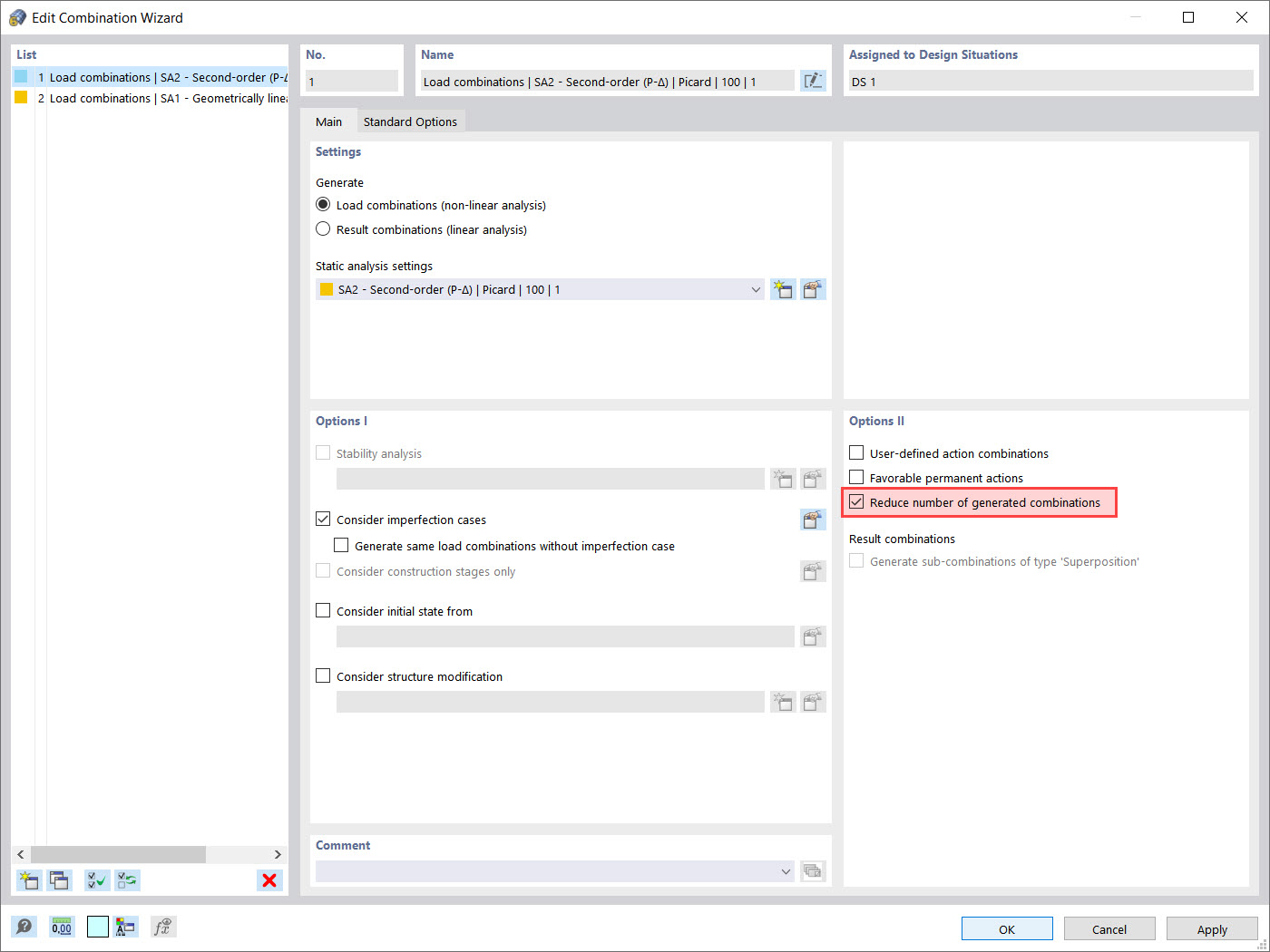 Option “Reduce Number of Generated Combinations” in Combination Wizard
