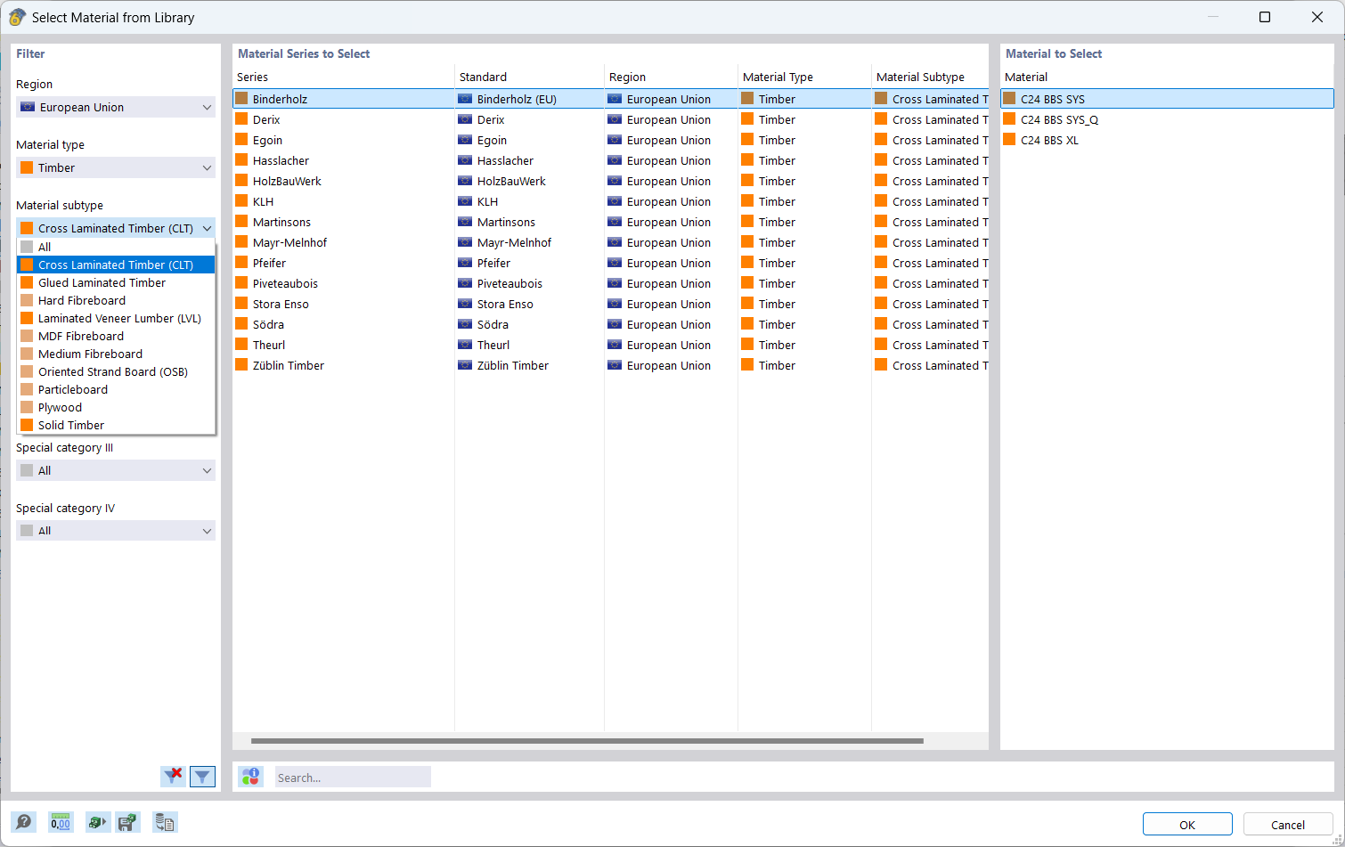 Selecionar material de madeira laminada cruzada na biblioteca