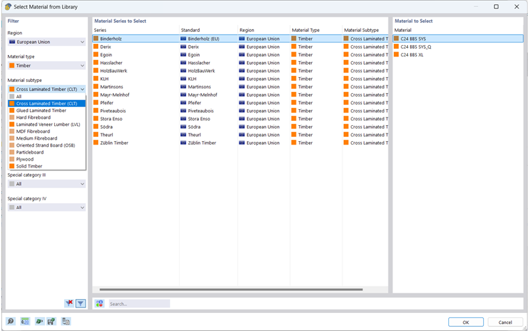 Selecionar material de madeira laminada cruzada na biblioteca