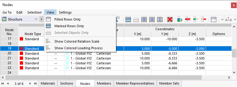Menu de tabela "Vista"