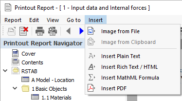 Menu "Inserir" do relatório de impressão