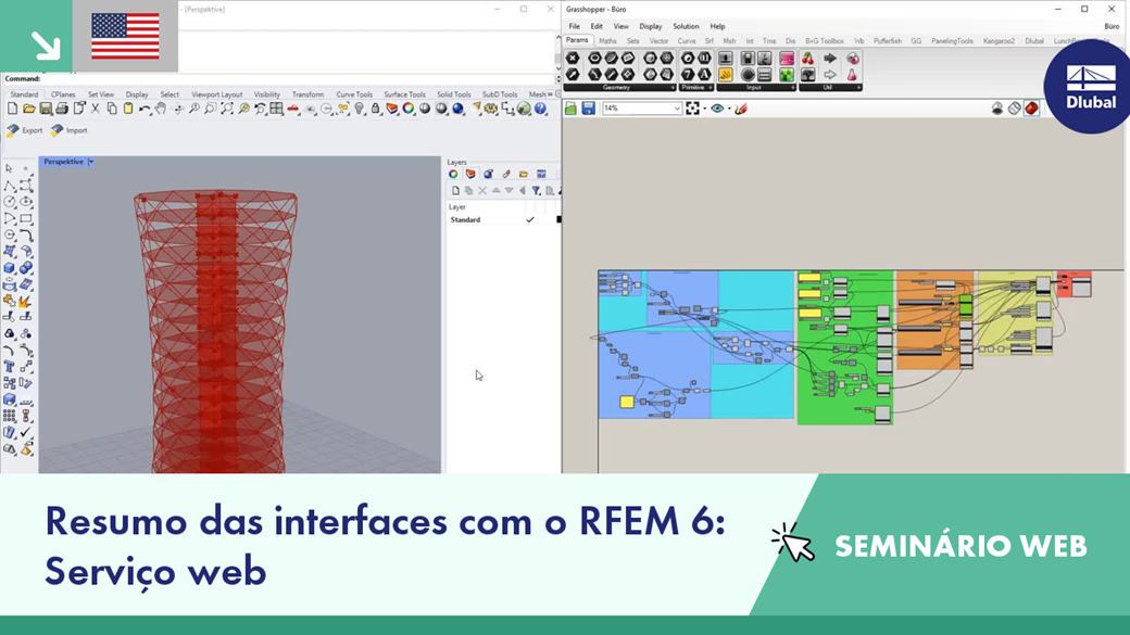 Interface presentation highlighting Webservice with Rhino and Grasshopper integration in an expert webinar session with visual aids.