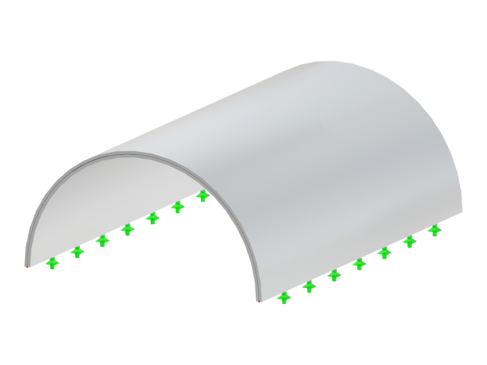 Perspetiva de uma abóbada semicilíndrica exibindo as suas dimensões geométricas baseadas na altura e no raio.