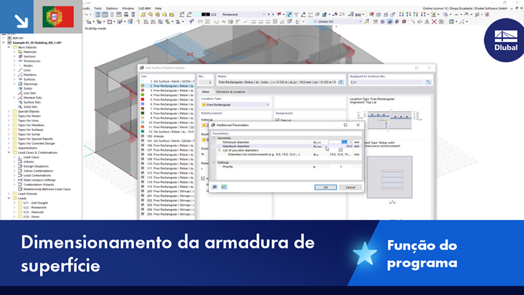 Darstellung der Auslegung von Flächenbewehrung in einem Bauprojekt. Nutzung einer spezifischen Technologiefunktion zur Optimierung der Bewehrungsverteilung bei Stahlbetonbauteilen.