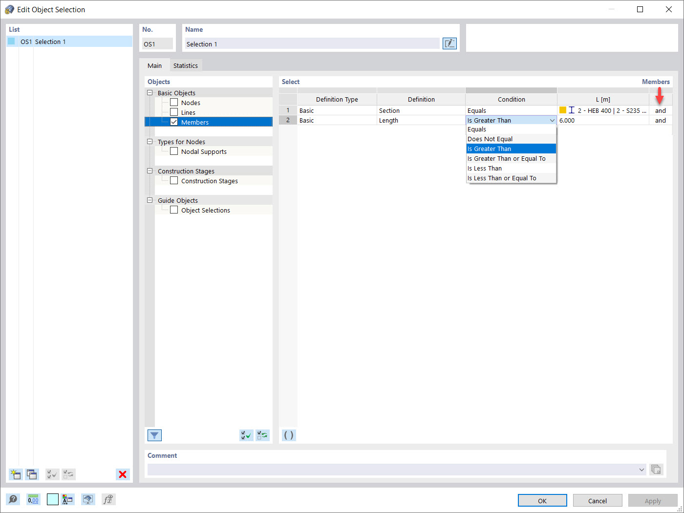 Diálogo “Editar seleção de objeto”