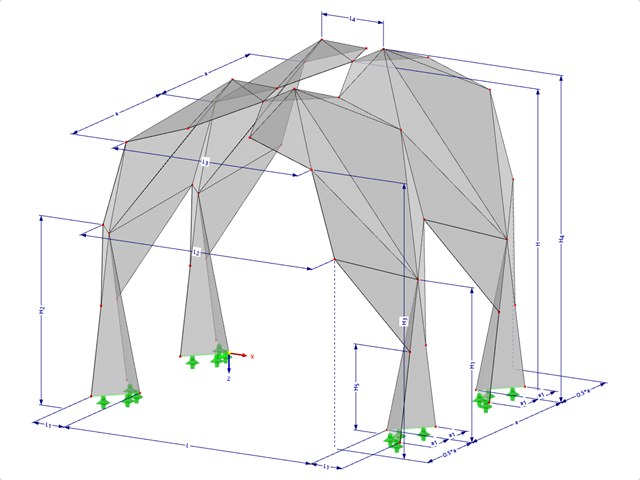 Modelo 000548 | FPL124-b (Variante mais geral de 034-FPL124-a) | Sistemas de estruturas dobradas prismáticas. Sistema estrutural linear composto por superfícies dobradas. Arco com articulação superior com parâmetros