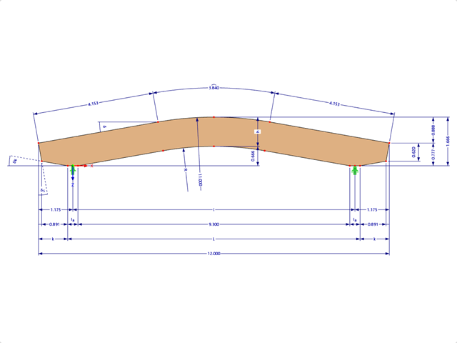Modelo 000573 | GLB0404 | Viga de madeira laminada colada | Curvado | Altura constante | Simétrico | Consolas cónicas com parâmetros