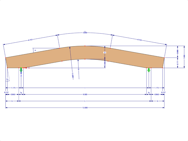 Modelo 000582 | GLB0402 | Viga de madeira laminada colada | Curvado | Altura constante | Simétrico | Consolas horizontais com parâmetros
