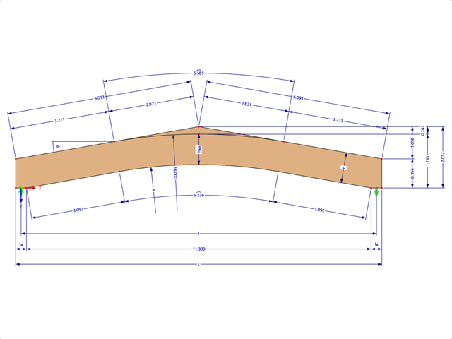 Modelo 000584 | GLB0511 | Viga de madeira laminada colada | Com inclinação | Altura constante | Simétrico | Com cumeeira solta Cunha com parâmetros