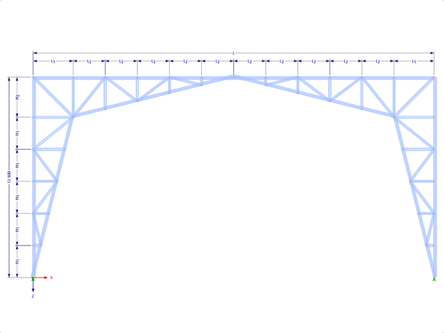 Modelo 001889 | FTZ071 | Entrada através do número de vãos horizontais (nh), verticais (nv), exteriores (L_1), interiores (L_2), altura dos vãos verticais (H_1) e altura do primeiro vão horizontal (H_2) com parâmetros