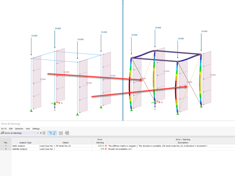 FAQ 005345 | O meu modelo no RFEM 6/RSTAB 9 é instável. Qual poderá ser o motivo?