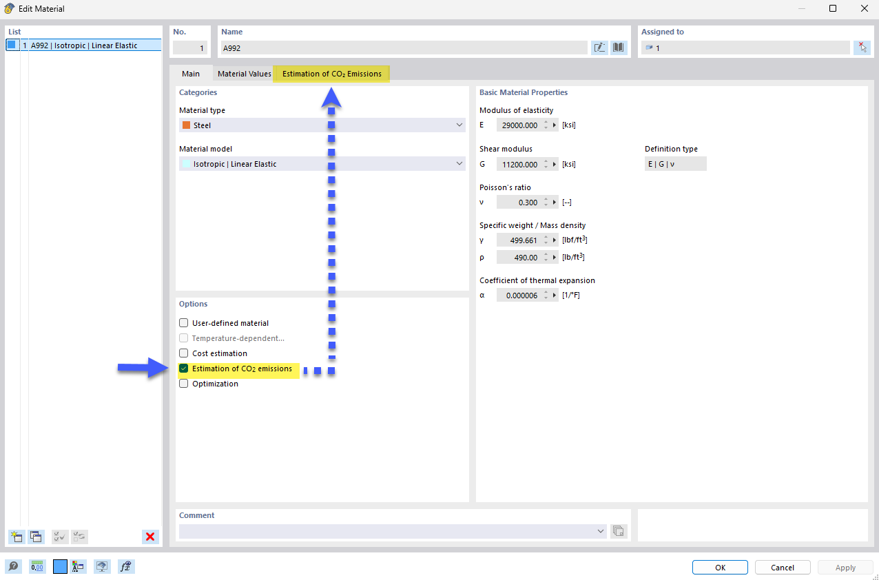 Ativar estimativa de emissões de CO2 para material