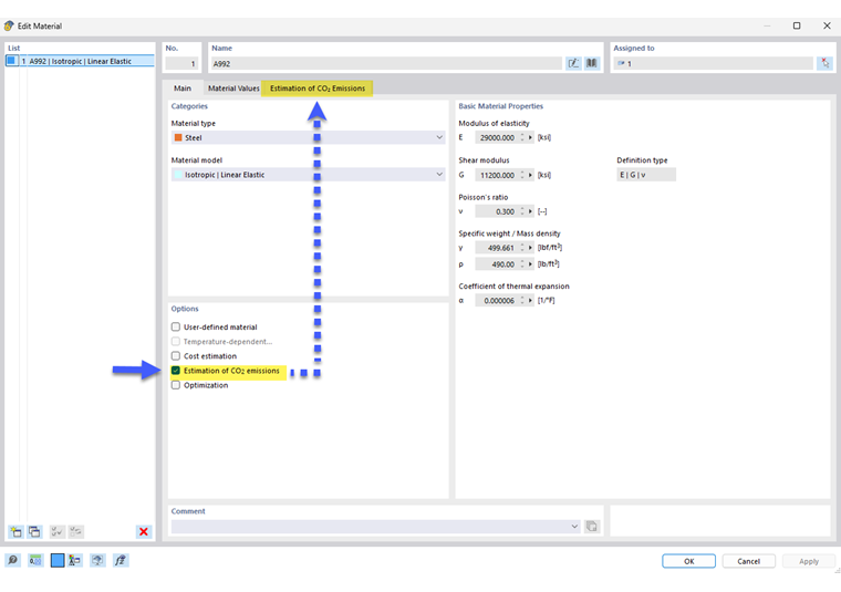 Ativar estimativa de emissões de CO2 para material