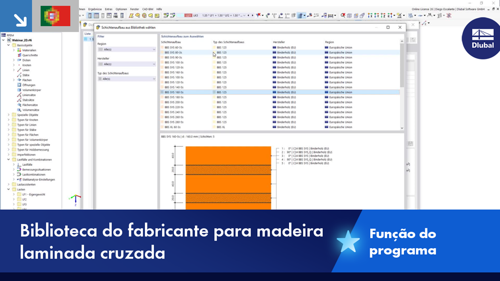 Vista detalhada da biblioteca de fabricantes de madeira laminada cruzada com propriedades de materiais específicos