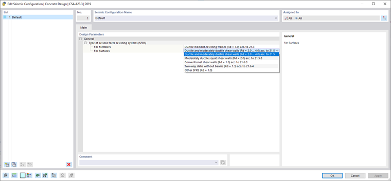 Editar configuração para sismos