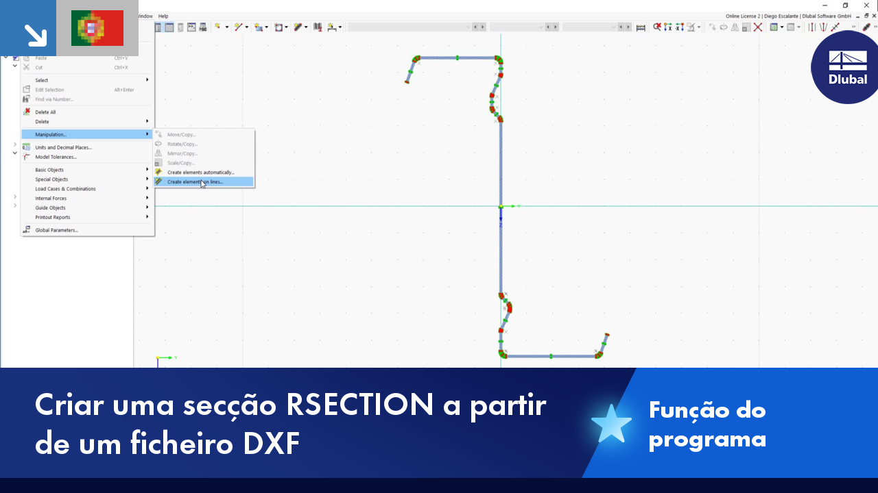 Mostrar o processo de criação de uma secção RSECTION a partir de um ficheiro DXF. Mostra a função de importação e os dados geométricos gerados da secção.