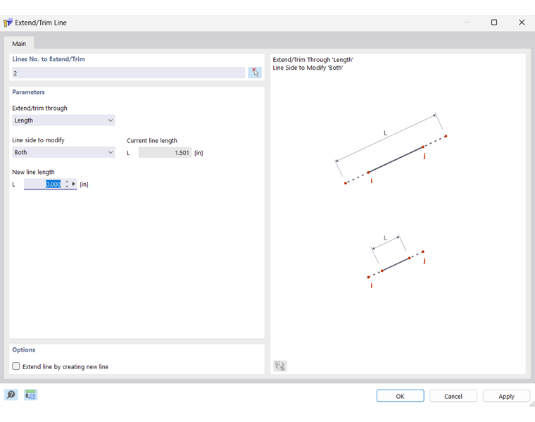 Caixa de diálogo "Prolongar/cortar linha"