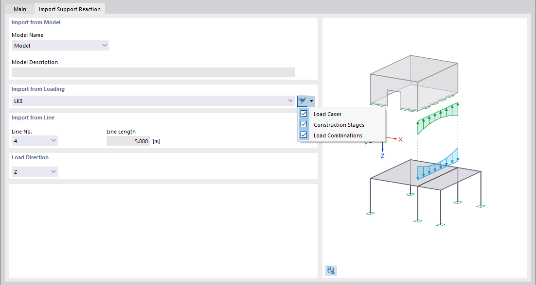 Definir modelo, carregamento e linha para importar a reação de apoio