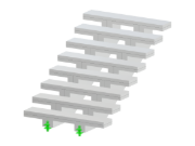 Escada de concreto de um único lance com suporte de viga dupla central para estabilidade e distribuição de carga.