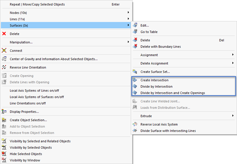 Opções de penetrações no menu de contexto de superfícies