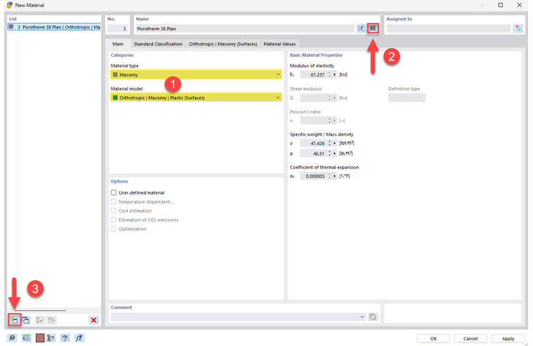 Interface de utilizador para definição de novos materiais de madeira com informação sobre as propriedades físicas e categorias de utilização no software. Não são visíveis outros elementos de controlo.