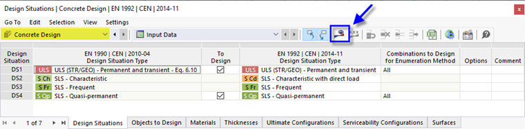 Iniciando o dimensionamento de betão com o botão na tabela