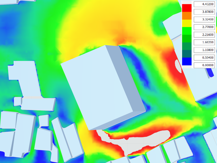Velocidade do fluxo em torno do edifício mais alto - caso AIJ E