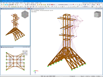 Estrutura de madeira modelada no RFEM com visualização de deformações