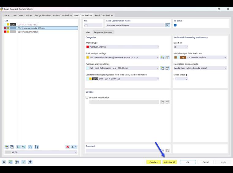 Iniciar cálculo na caixa de diálogo "Casos de carga e combinações"