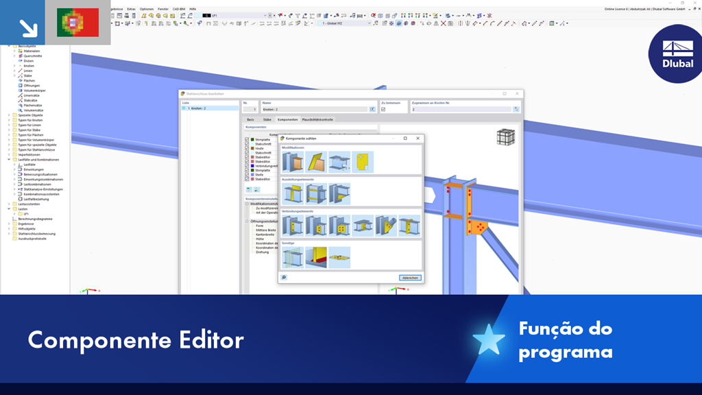 Editor de barras mostrando as configurações para a análise linear e não linear de uma viga