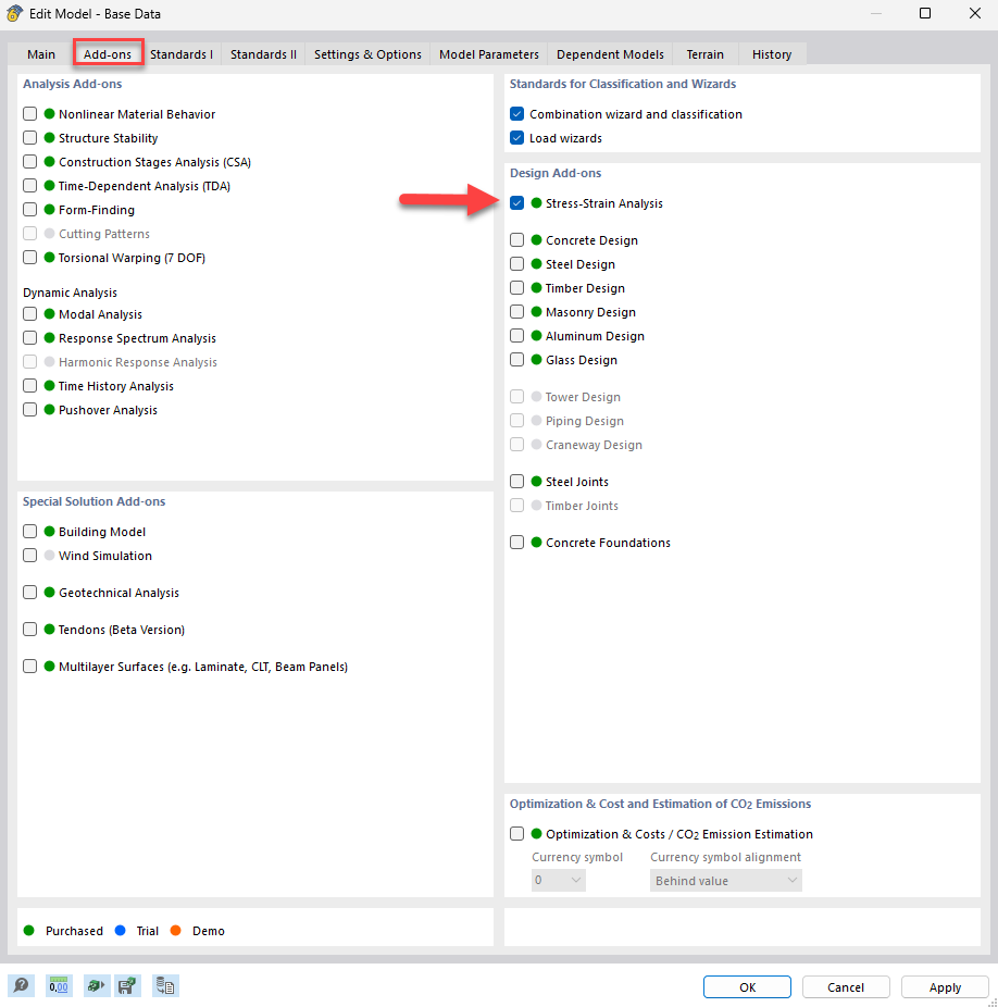 Add-On zur Spannungs- und Dehnungsberechnung in Bauwerksmodellen aktivieren.