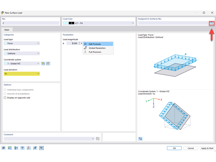 Caixa de diálogo para criar carga de superfície novo para um projeto de construção, com campos de entrada detalhados