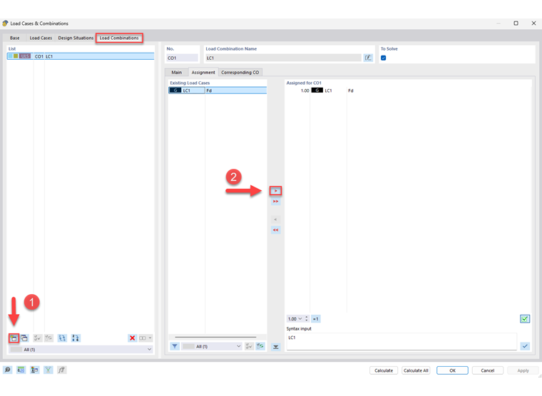 Visualização da configuração de uma combinação de cargas para projetos de construção num ambiente de software.