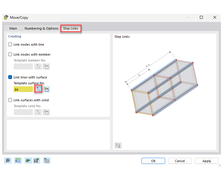 Visualização de um método para ligar linhas a superfícies num modelo estrutural para otimização de detalhes da estrutura