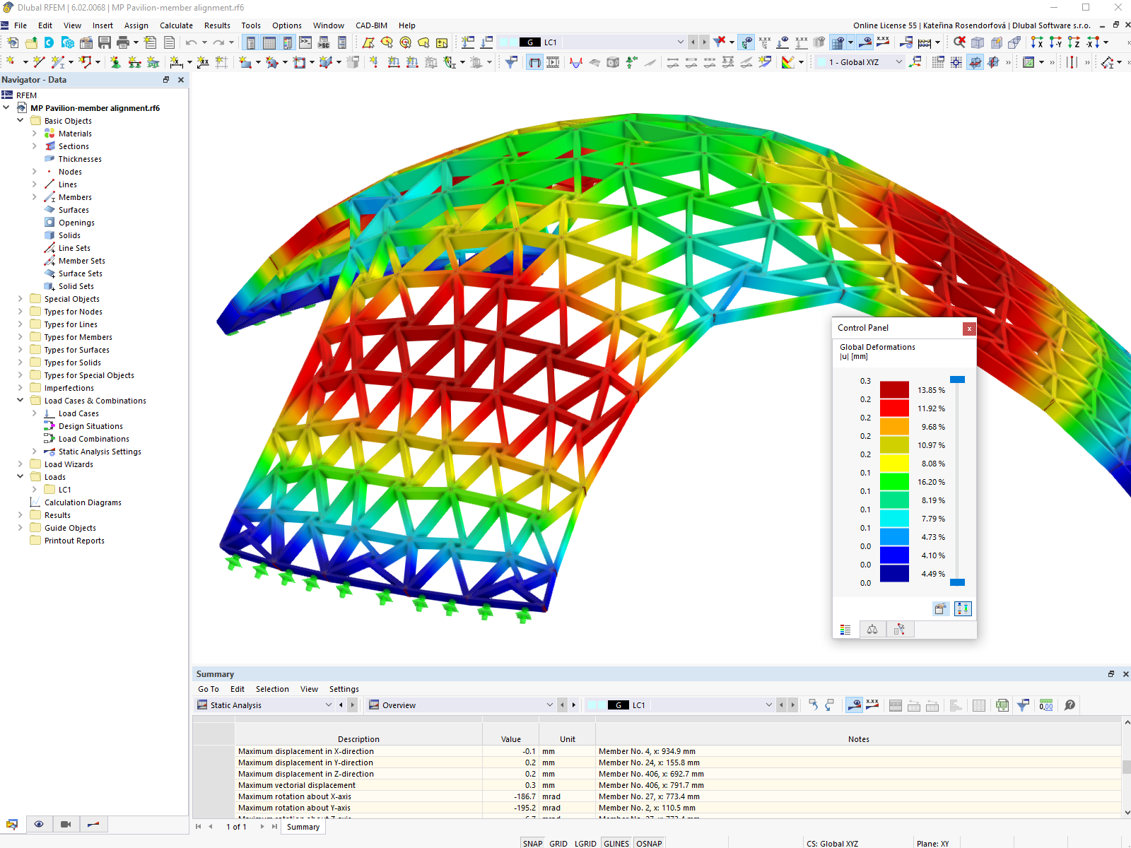 Gráfico de deformação da casca de grelha em madeira no RFEM | © Digital Timber Construction DTC, TH Augsburg