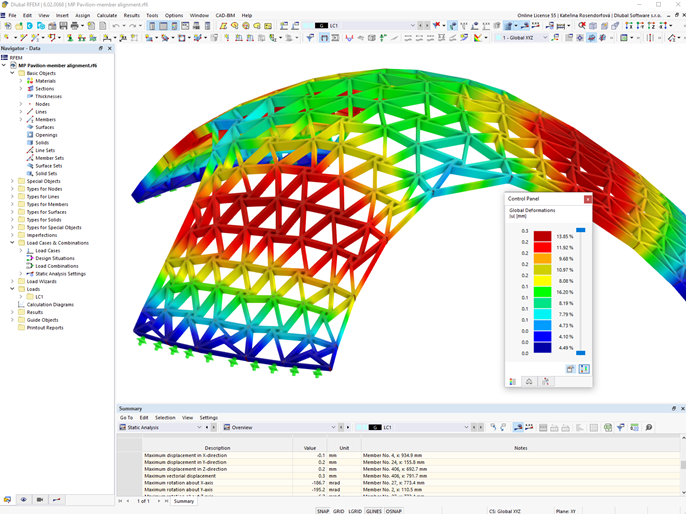 Gráfico de deformação da casca de grelha em madeira no RFEM | © Digital Timber Construction DTC, TH Augsburg