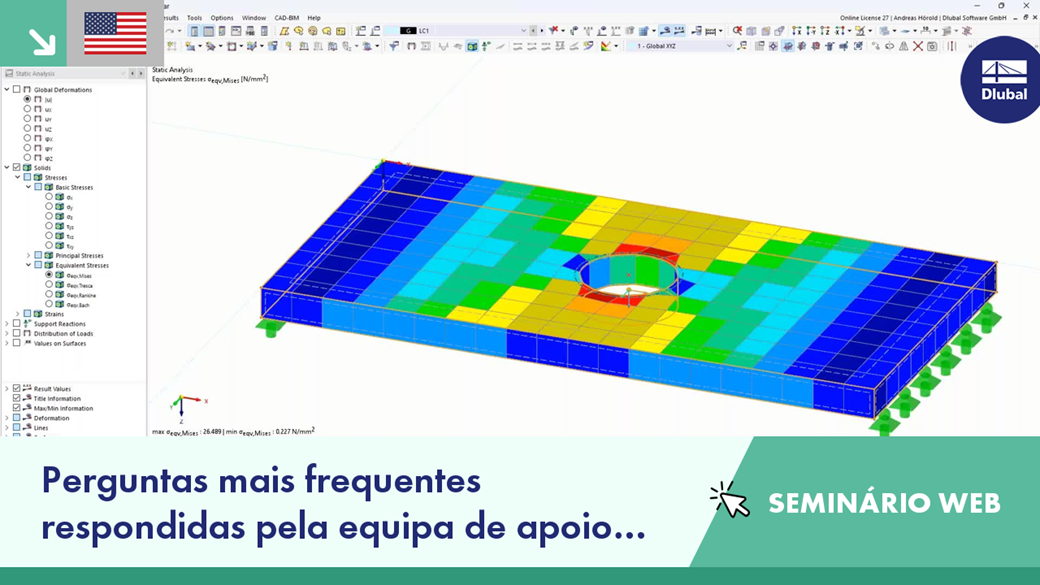 Seminário web sobre perguntas frequentes respondidas pelo apoio técnico da Dlubal em julho de 2023, focando-se em soluções de engenharia e assistência.