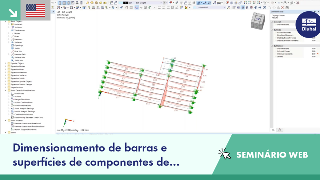 Seminário web a ilustrar o processo de dimensionamento de barras e superfícies de madeira no software RFEM 6.