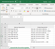 Tabela de conversão, exportação do Excel
