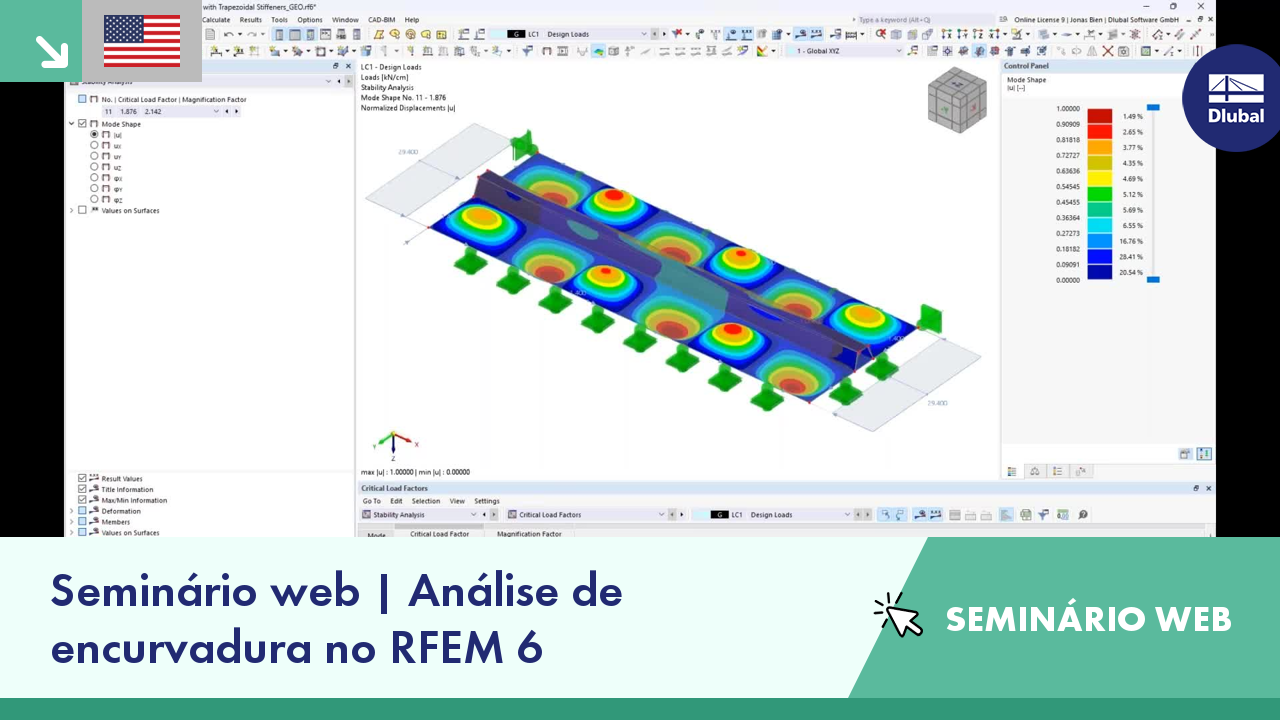 Seminário web sobre técnicas de análise de encurvadura utilizando o RFEM 6, com foco em soluções de engenharia.