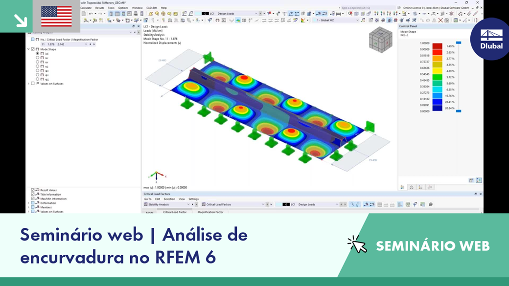 Seminário web sobre técnicas de análise de encurvadura utilizando o RFEM 6, com foco em soluções de engenharia.