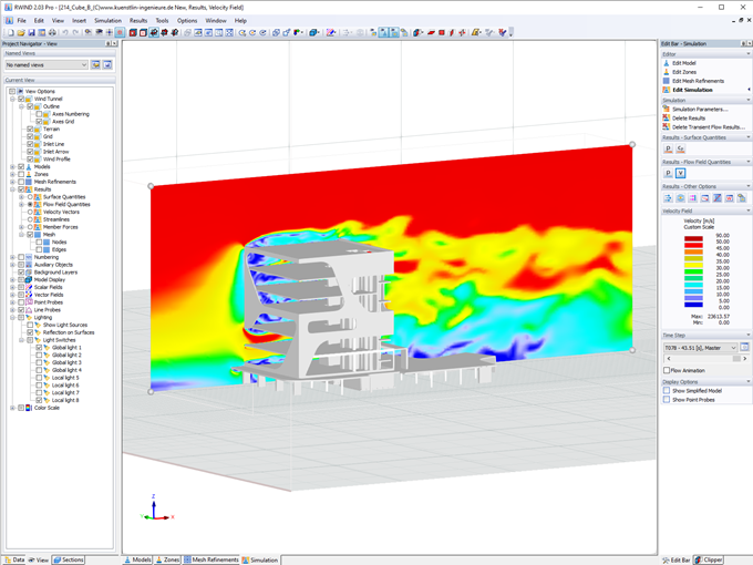 O programa de túnel de vento digital simula fluxos de vento em geometrias de edifícios e determina cargas de vento em superfícies