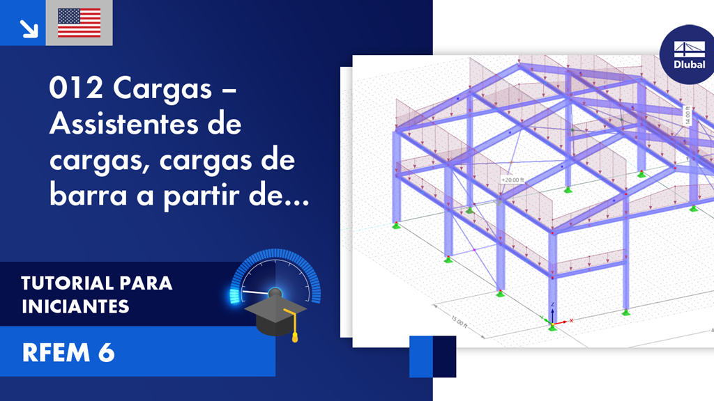 Vídeo tutorial para principiantes demostrando o software RFEM 6 com foco em cargas, assistentes de carga e aplicações de carga de barra.