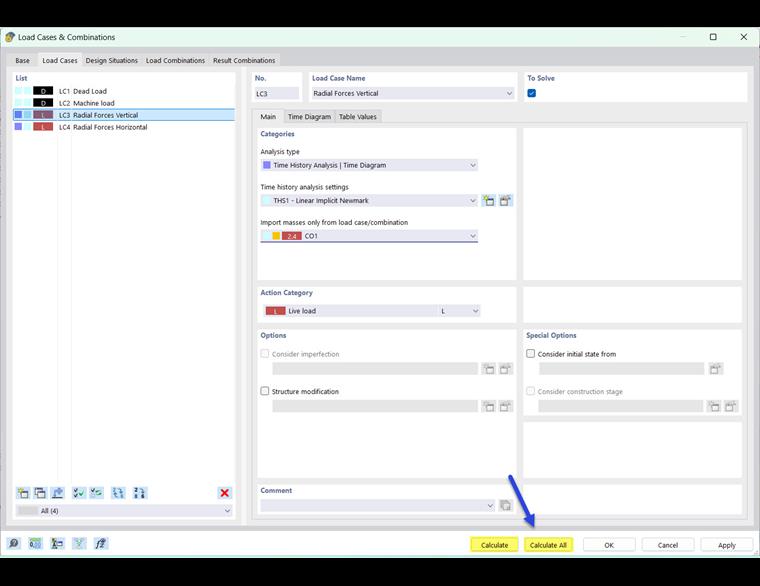 Início de cálculo na caixa de diálogo "Casos e combinações de carga"